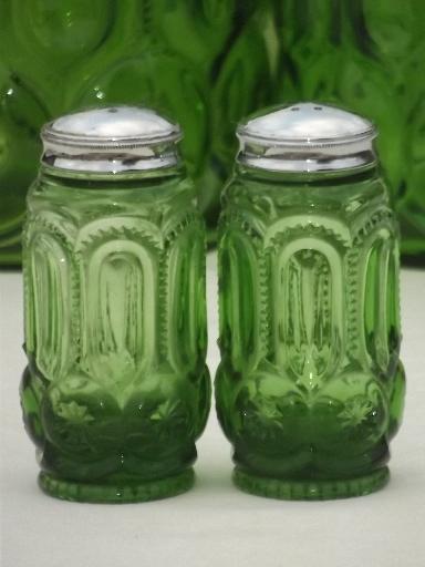 photo of green glass Moon & Stars pattern kitchen canisters, vintage canister set #3