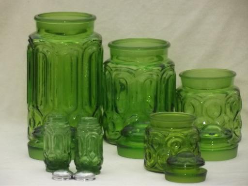 photo of green glass Moon & Stars pattern kitchen canisters, vintage canister set #4