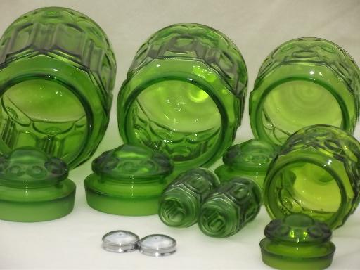 photo of green glass Moon & Stars pattern kitchen canisters, vintage canister set #5