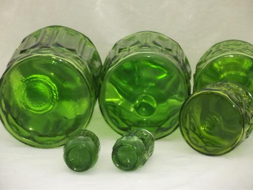 photo of green glass Moon & Stars pattern kitchen canisters, vintage canister set #6