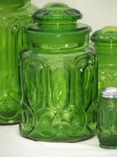 photo of green glass Moon & Stars pattern kitchen canisters, vintage canister set #7