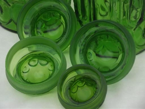 photo of green glass Moon & Stars pattern kitchen canisters, vintage canister set #8