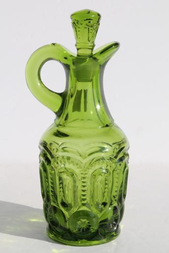 photo of green glass moon & star pattern cruet pitcher w/ stopper, vintage L E Smith #1