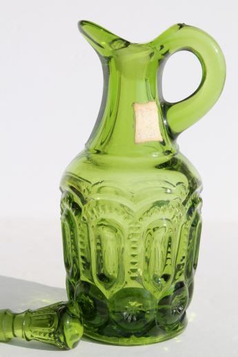 photo of green glass moon & star pattern cruet pitcher w/ stopper, vintage L E Smith #3