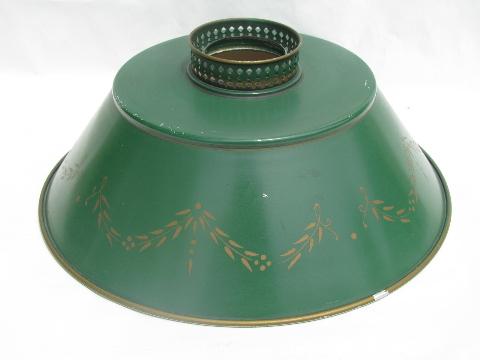 photo of green & gold stencil painted tole metal lamp shades, vintage country #1