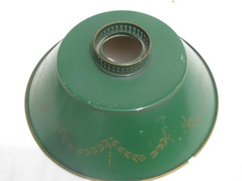 photo of green & gold stencil painted tole metal lamp shades, vintage country #2