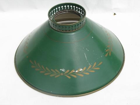 photo of green & gold stencil painted tole metal lamp shades, vintage country #5