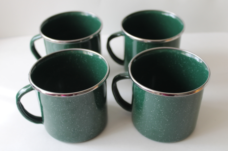 photo of green graniteware enamel ware metal camp cups, set of four coffee mugs #1