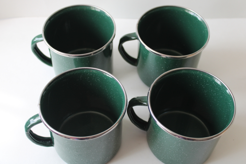 photo of green graniteware enamel ware metal camp cups, set of four coffee mugs #2