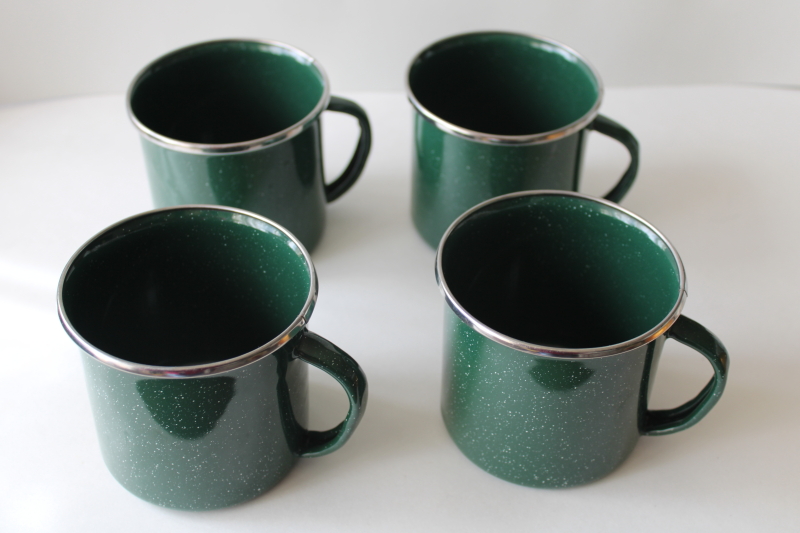 photo of green graniteware enamel ware metal camp cups, set of four coffee mugs #3