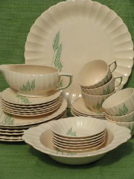 catalog photo of green grasses vintage china dishes for 6, old Leigh Ware pottery