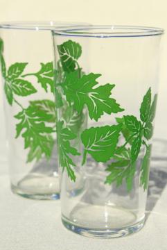 catalog photo of green leaves pattern vintage drinking glasses, vintage swanky swigs, 40s 50s kitchen glassware