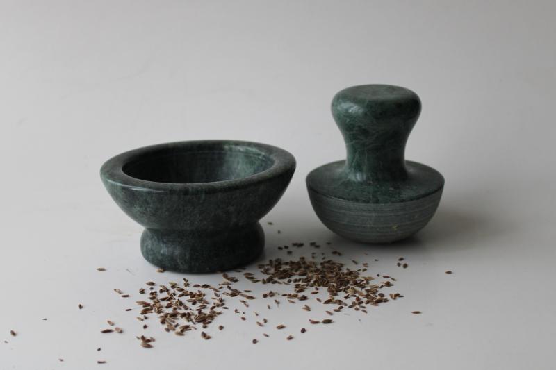 photo of green marble stone mortar & pestle, mushroom shape crusher / grinder for herbs spices #1