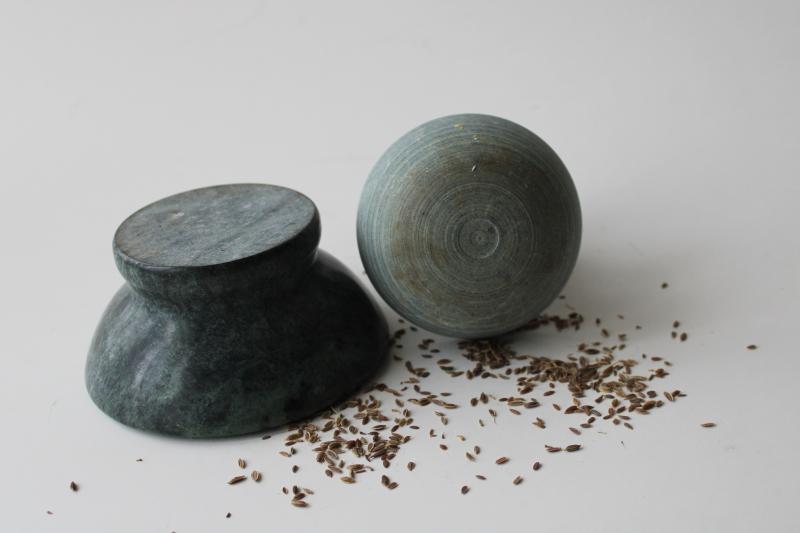 photo of green marble stone mortar & pestle, mushroom shape crusher / grinder for herbs spices #2