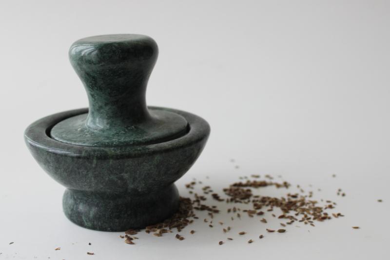 photo of green marble stone mortar & pestle, mushroom shape crusher / grinder for herbs spices #3