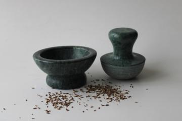 catalog photo of green marble stone mortar & pestle, mushroom shape crusher / grinder for herbs spices