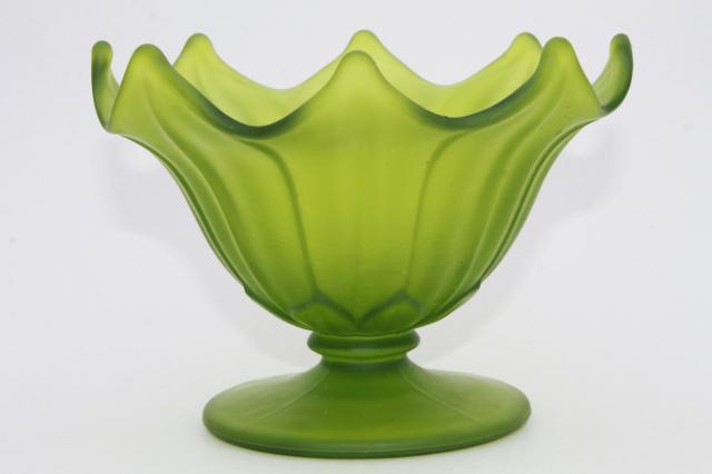 photo of green mist frosted satin glass lotus flower vase, vintage Westmoreland glass #1