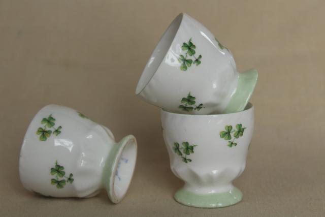 photo of green shamrock clover egg cups, vintage fine bone china Queen's England #3