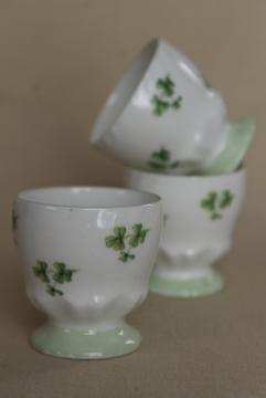 catalog photo of green shamrock clover egg cups, vintage fine bone china Queen's England