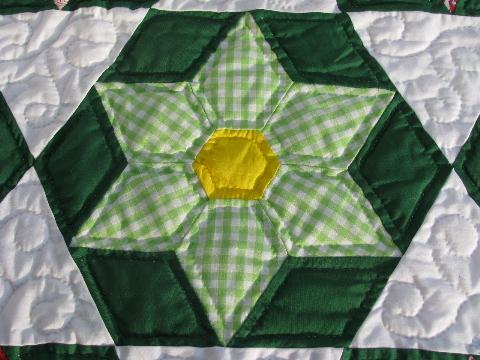 photo of green / white star pattern patchwork quilt, hand-stitched, 1950s vintage cotton fabric #4