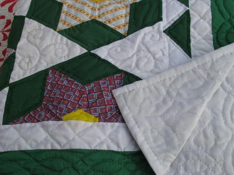 photo of green / white star pattern patchwork quilt, hand-stitched, 1950s vintage cotton fabric #5