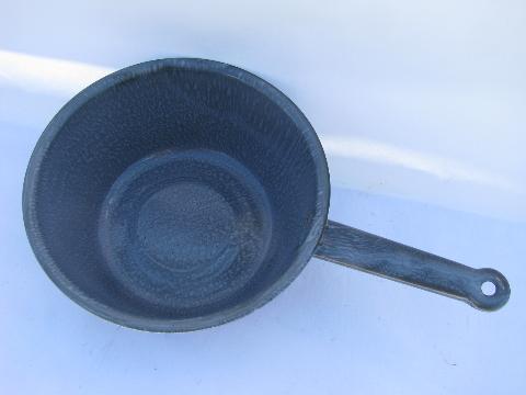 photo of grey spatterware graniteware enamel pan, vintage camping enamelware #2