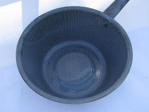 photo of grey spatterware graniteware enamel pan, vintage camping enamelware #3