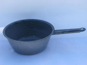 catalog photo of grey spatterware graniteware enamel pan, vintage camping enamelware