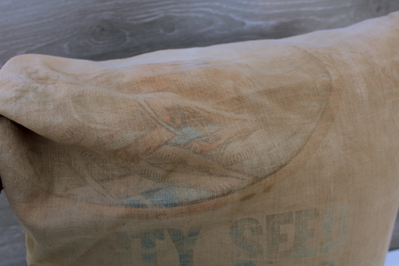 photo of grubby primitive vintage ticking stripe feather pillow w/ old cotton feed sack fabric cover #3