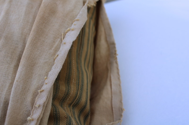 photo of grubby primitive vintage ticking stripe feather pillow w/ old cotton feed sack fabric cover #4