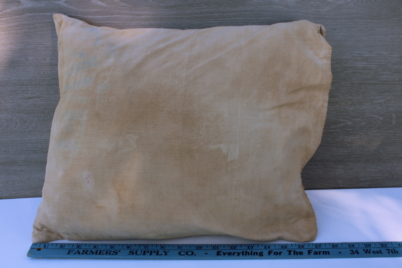 photo of grubby primitive vintage ticking stripe feather pillow w/ old cotton feed sack fabric cover #5