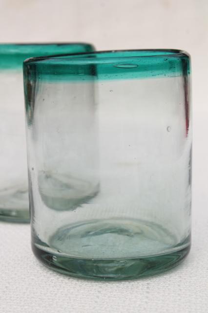 photo of hand blown Mexican glass drinking glasses,set of 4 aqua band heavy glass tumblers #2