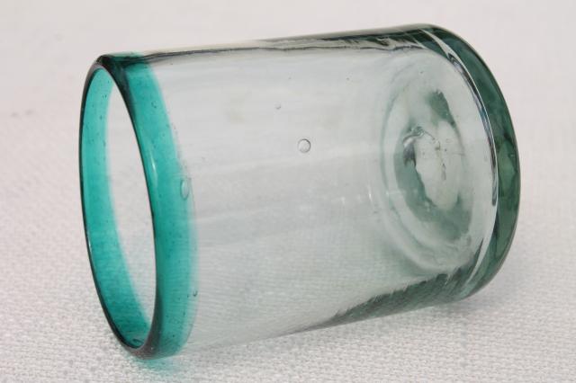 photo of hand blown Mexican glass drinking glasses,set of 4 aqua band heavy glass tumblers #3