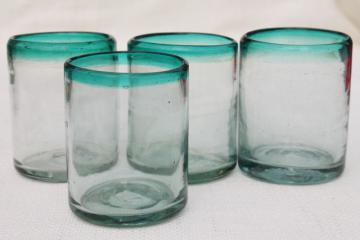 catalog photo of hand blown Mexican glass drinking glasses,set of 4 aqua band heavy glass tumblers