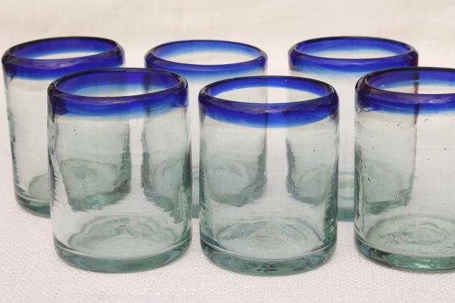 photo of hand blown Mexican glass drinking glasses,set of 6 blue band heavy glass tumblers #1