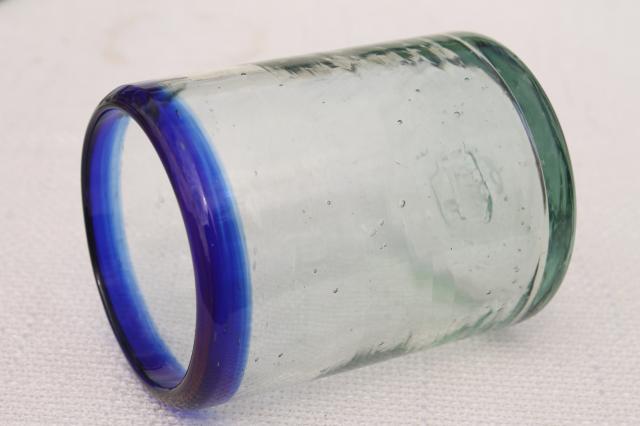 photo of hand blown Mexican glass drinking glasses,set of 6 blue band heavy glass tumblers #3