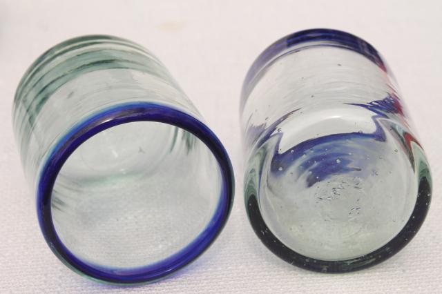 photo of hand blown Mexican glass drinking glasses,set of 6 blue band heavy glass tumblers #4