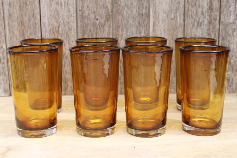 photo of hand blown amber glass drinking glasses, big chunky tumblers rustic farmhouse style #1