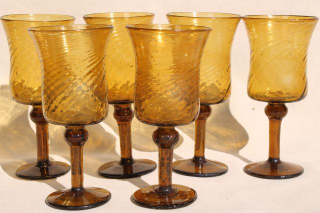 photo of hand blown amber glass wine glasses, vintage Mexican art glass swirl spiral goblets #1