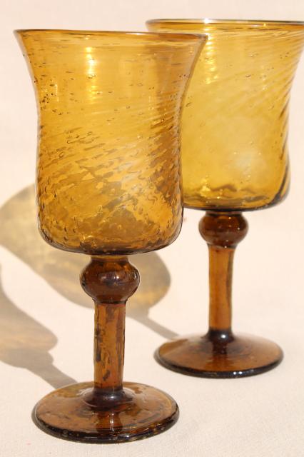 photo of hand blown amber glass wine glasses, vintage Mexican art glass swirl spiral goblets #2