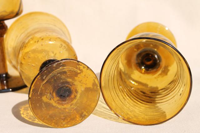 photo of hand blown amber glass wine glasses, vintage Mexican art glass swirl spiral goblets #3