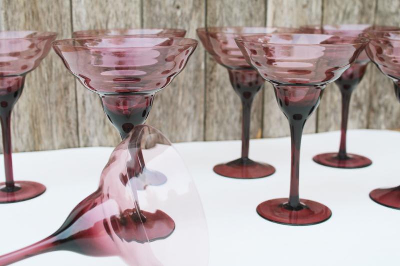 photo of hand blown amethyst glass stemware, set of 8 vintage cocktail glasses or large champagnes #2
