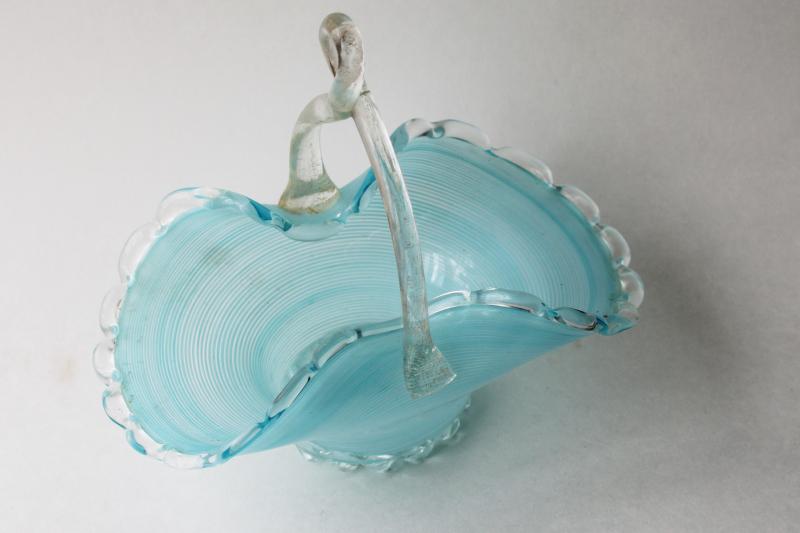 photo of hand blown art glass basket aqua blue filigrana / clear glass, vintage Murano? Czech? #1