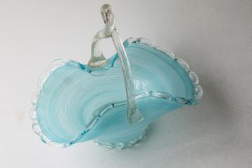 catalog photo of hand blown art glass basket aqua blue filigrana / clear glass, vintage Murano? Czech?