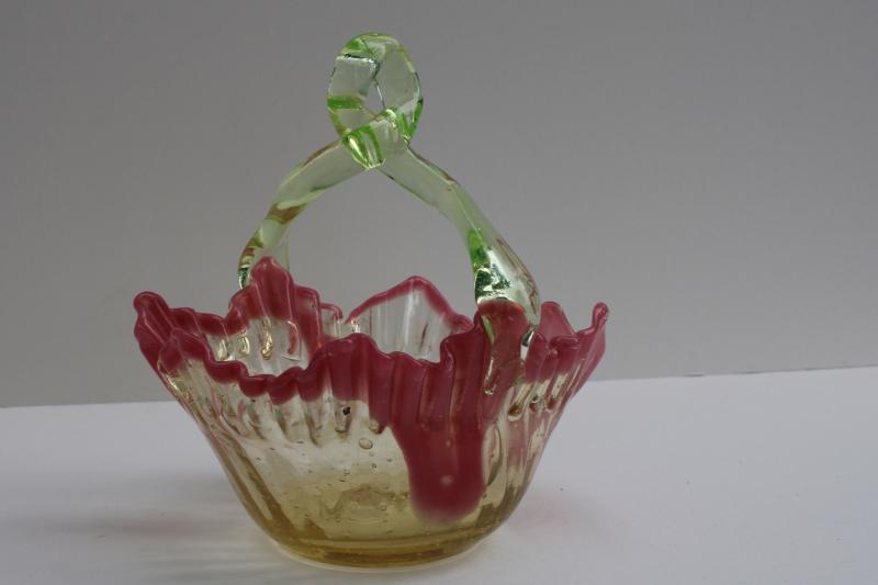 photo of hand blown art glass basket, yellow, green, pink vintage Murano glass #1