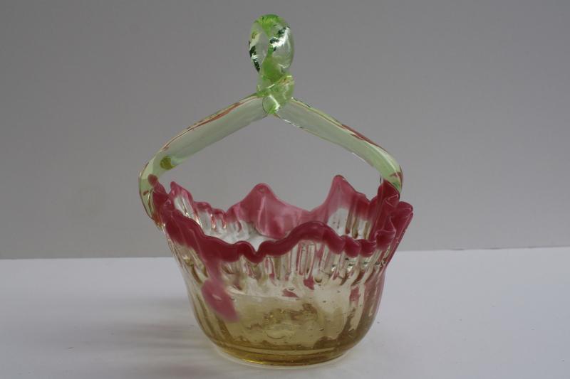 photo of hand blown art glass basket, yellow, green, pink vintage Murano glass #2