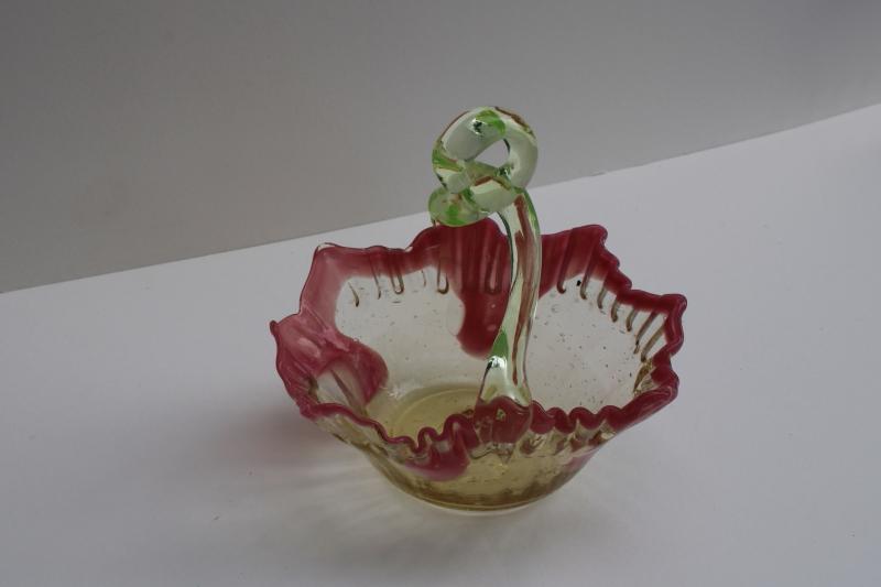 photo of hand blown art glass basket, yellow, green, pink vintage Murano glass #4