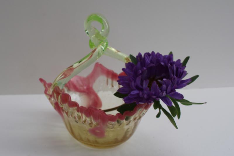 photo of hand blown art glass basket, yellow, green, pink vintage Murano glass #6