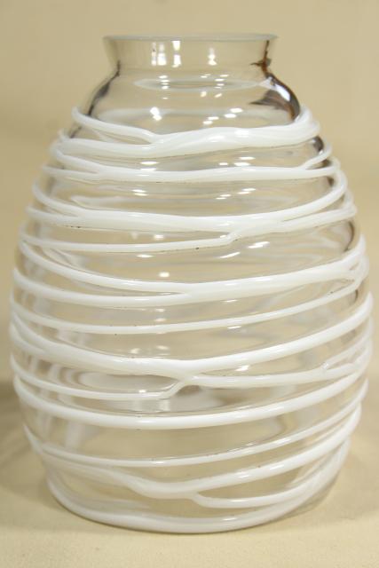 photo of hand blown art glass lamp shade, string squiggle white on clear glass, mod vintage #2