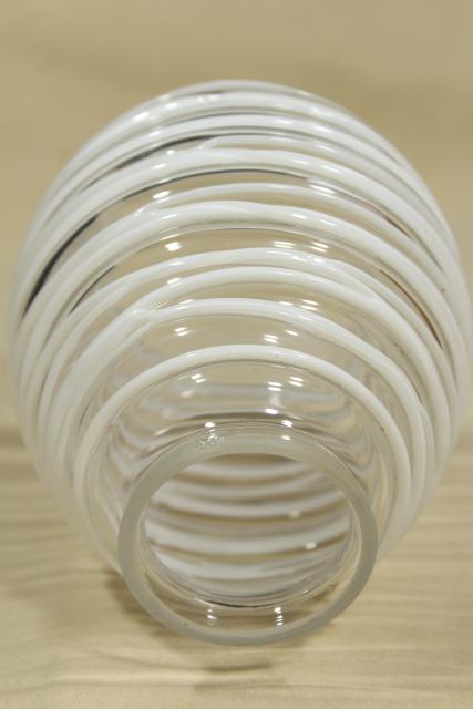 photo of hand blown art glass lamp shade, string squiggle white on clear glass, mod vintage #3